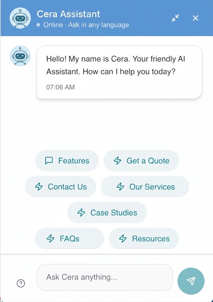Chat assistant preview showing a greeting, suggested action buttons and the question box