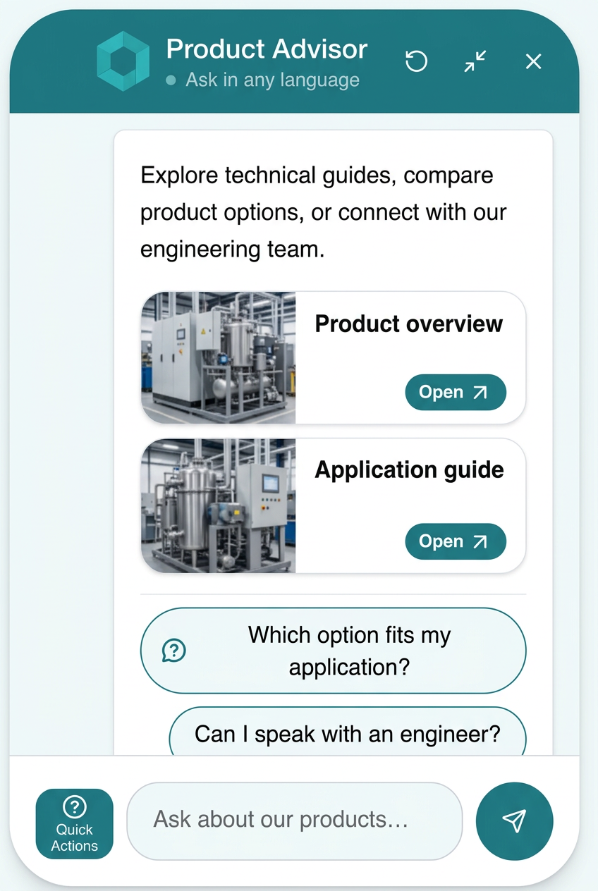 Illustrative Product Advisor with technical document cards and suggested questions; customer branding anonymized